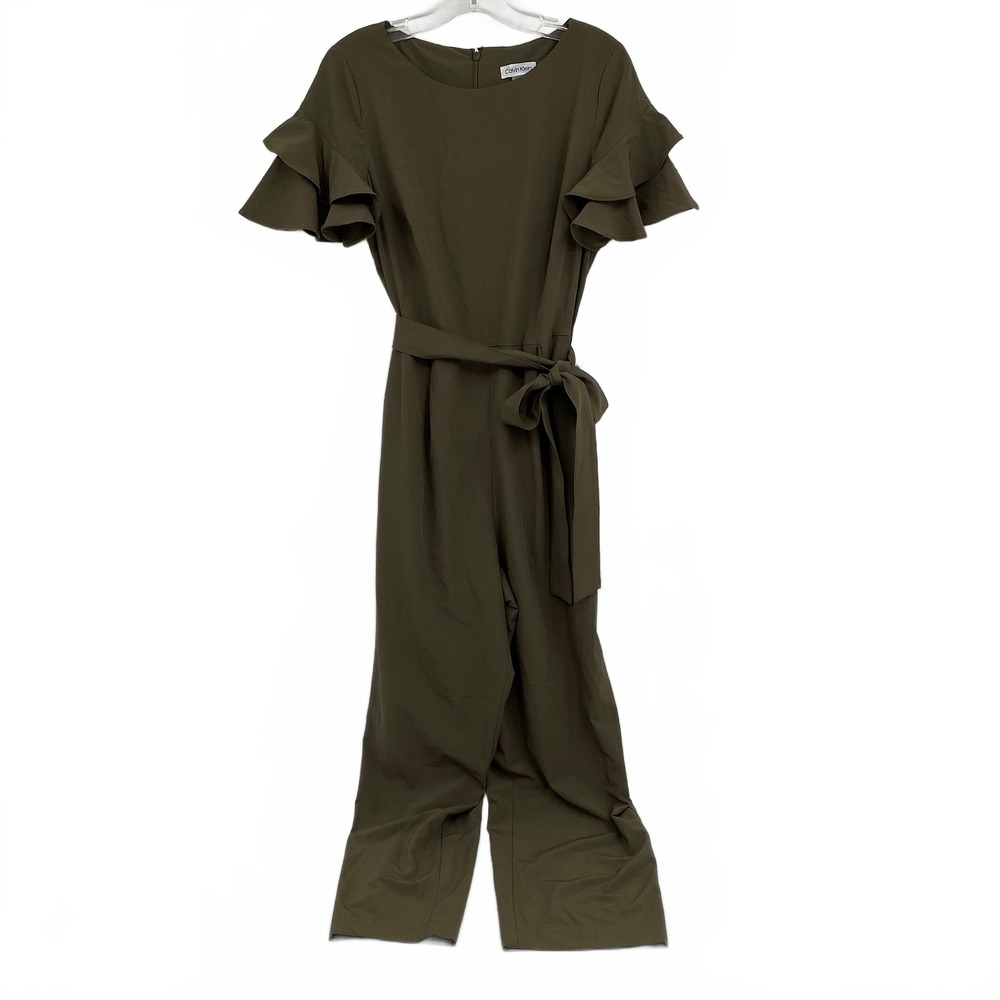 Calvin Klein Green Jumpsuit Belted Ruffle Sleeve | Womens 8
